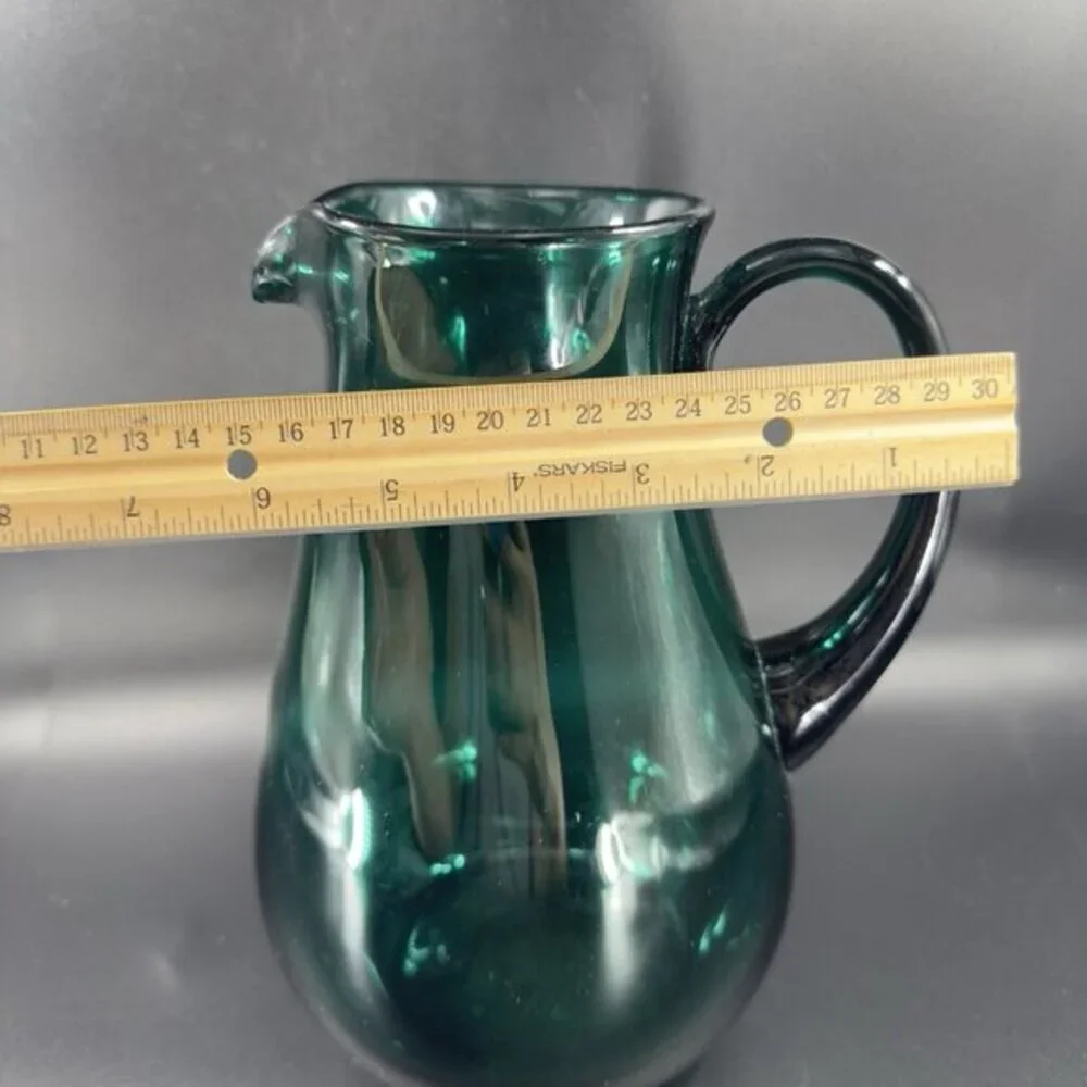 Hortensja Teal Green Blue Hand Blown Glass Pitcher  Made In Poland Vintage Decor